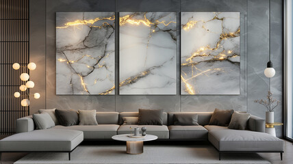 3-section wall painting prepared for room decoration and compositions, useful design for marble design. Picture examples for architectural interior design. Modern living room.