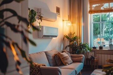 energyefficient air conditioner in cozy living room with fresh natural decor ecofriendly cooling solution - obrazy, fototapety, plakaty