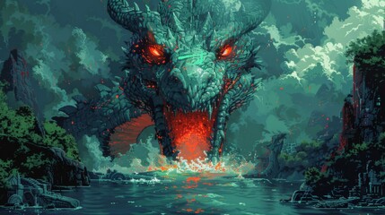 Vibrant pixel art of a mythical dragon in a mystical night setting - obrazy, fototapety, plakaty