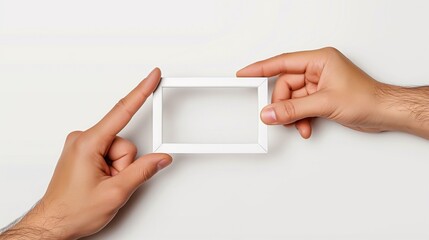 Two hands holding an empty white picture frame on a clean background, ideal for photo framing, design templates, and creative mockups