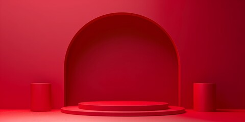 minimal design red product display podium on arch red backgrounds, mock up showcase with copy space, for Lunar New Year, Christmas, Chinese New Year, Japanese New Year product display.