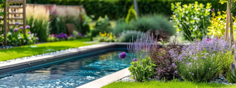 Gardens swimming pool and architectural pictures Copy space image Place for adding text or design