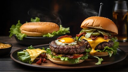 Sizzling Satisfaction: Plate of Beef Bacon and a Juicy Beef Burger