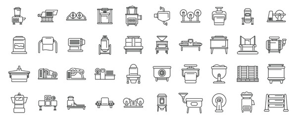 Equipment for paper production icons set outline vector. Factory roll. Wood process