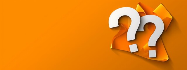 three Question mark symbols for FAQ, information, problem, and solution concepts., Minimalist design with icon cutout paper and orange background