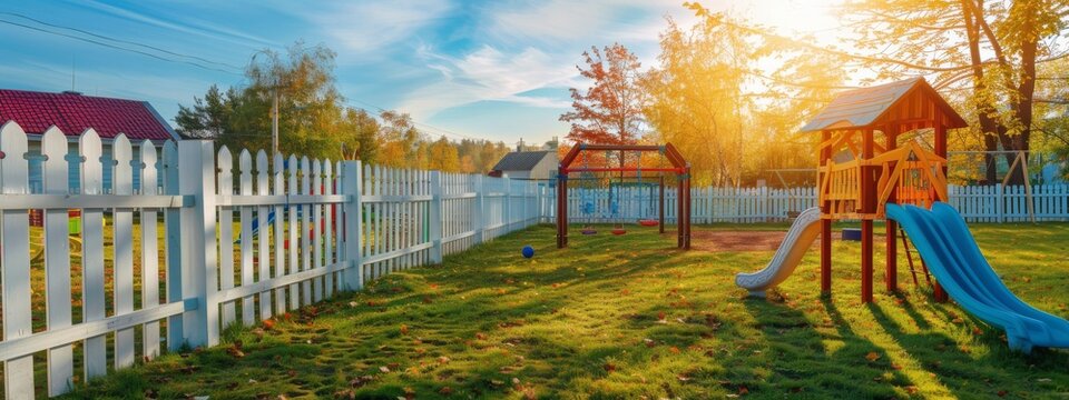 Fenced yard with lovely pool and playground Copy space image Place for adding text or design