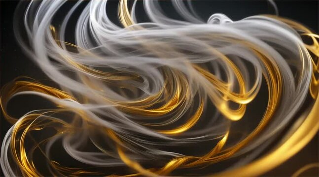 Graceful gold and silver ribbons of smoke, intertwining, swirling, dark backdrop, fluid motion.