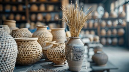 A vase with wheat stalks prominently displayed among intricately woven baskets and earthenware pots.