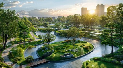 Incorporating parks and public spaces, this urban design showcases green infrastructure in an eco-city layout. - obrazy, fototapety, plakaty