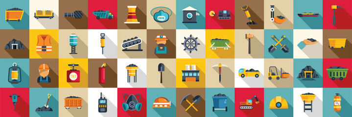 Coal mining icons set flat vector. Mine factory. Rock energy fossil
