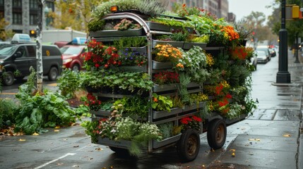 Community spaces transformed with mobile urban gardens and portable greenery, emphasizing the innovation of city farming.