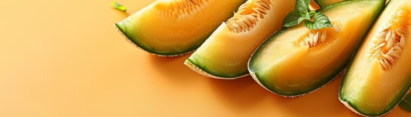 Pristine slices of cantaloupe presented on a light melon-colored background, with a generous area at the top for text