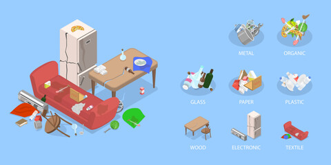 3D Isometric Flat Vector Illustration of Garbage Sorting And Recycling, Big heap of Trash - obrazy, fototapety, plakaty