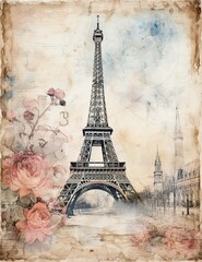 cozy Paris street with view on the famous Eiffel Tower, Paris France, vintage postcards