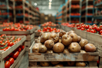 Potatoes and tomatoes in a warehouse distribution center. Generative AI image