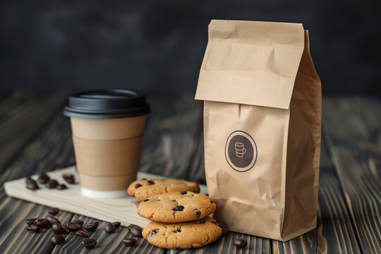 Coffee time with cookies and fresh beans on wooden background. Generative AI image