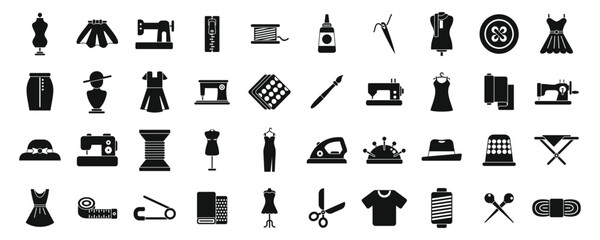 Fashion workshop icons set simple vector. Sewing factory. Garment fabric