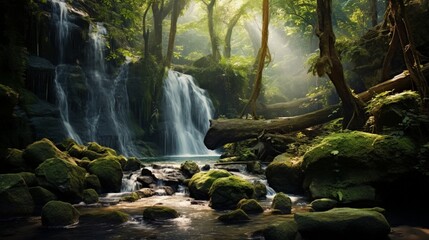 Waterfall in forest, - obrazy, fototapety, plakaty