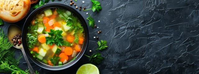 Nourishing Vegetable Soup Served in a Bowl with Fresh Ingredients and a Spoon - obrazy, fototapety, plakaty