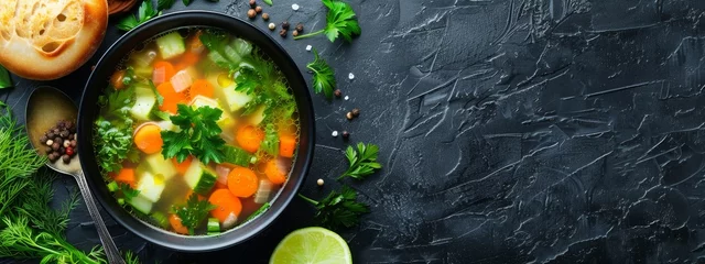 Fotobehang Nourishing Vegetable Soup Served in a Bowl with Fresh Ingredients and a Spoon © JovialFox