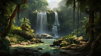 waterfall with rocks among tropical jungle with green plants and trees,
