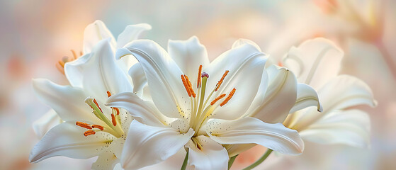 white lilies in full bloom. Each lily boasts six delicate, curved petals that exude elegance and purity. - obrazy, fototapety, plakaty