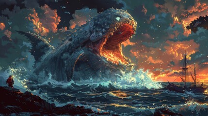 Pixel art depiction of a majestic sea monster emerging under a stormy sky