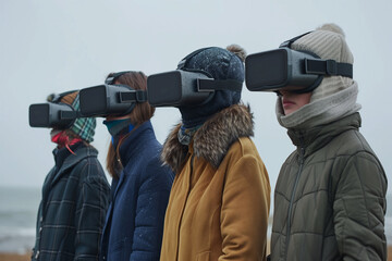 Group of people experiencing virtual reality outdoors. Generative AI image