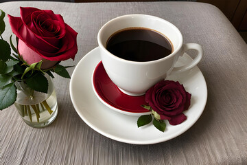 Obraz premium Una encantadora taza de café, blanca, rodeada de petalos de rosa