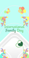International Family Day vertical banner. Modern geometric abstract background in colorful style for family day. Happy family day greeting card cover with text and empty space