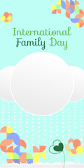 International Family Day vertical banner. Modern geometric abstract background in colorful style for family day. Happy family day greeting card cover with text and empty space