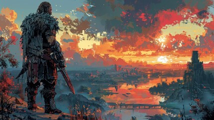 Pixel art of a warrior overlooking a post-apocalyptic landscape at sunset
