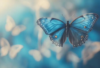 Shades of blue Blue abstract blurred background Blue butterflies morpho on a blurred blue background