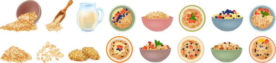Oatmeal icons set cartoon vector. Muesli cereal. Flake meal cup