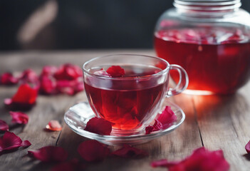 Hibiscus tea in a glass cup on a wooden table among the rose petals and dry tea Vitamin tea for cold