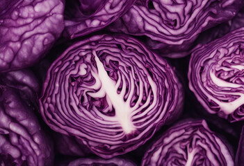Obraz premium Fresh red cabbage texture background top view natural purple background