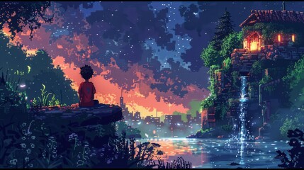 Pixel art landscape with boy meditating by a waterfall and illuminated house amid nature
