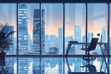 modern unfurnished loft office interior with city skyline view contemporary workspace illustration