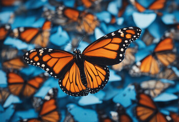 Naklejka premium Bright orange monarch butterfly on blue colorful butterflies on blue cardboard