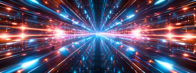 Obraz premium Blue neon circuit cyber tunnel background. Futuristic digital technology concept.