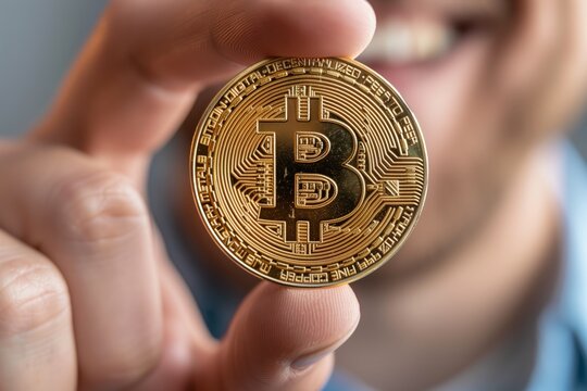 Moneda de bitcoin en primer plano, sujetada por la mano de un chico sonriente. Concepto inversion en criptomonedas