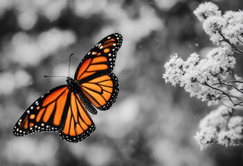 Bright accent color colorful orange monarch butterfly on a background of black and white monarch but