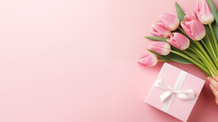Pink tulips bouquet and a gift box with white ribbon on a pink background