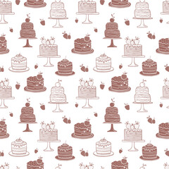 Seamless pattern with cakes and cupcakes. Vector linear illustration.