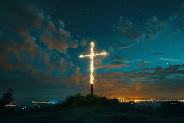 A cross on a hill with a sky background at night with stars and clouds in the sky and a city below