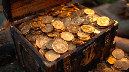 An open treasure chest filled to the brim with gleaming gold coins, suggesting wealth and discovery.