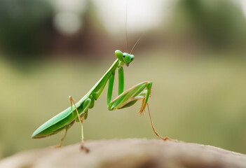A bright green mantis close up blurred background