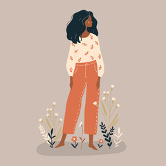 A young girl stands in a clearing with flowers. Vector illustration.