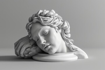 pensive greek muse sculpture nymph head in contemplative pose black and white 3d rendering - obrazy, fototapety, plakaty