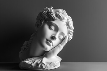 pensive greek muse sculpture nymph head in contemplative pose black and white 3d rendering - obrazy, fototapety, plakaty